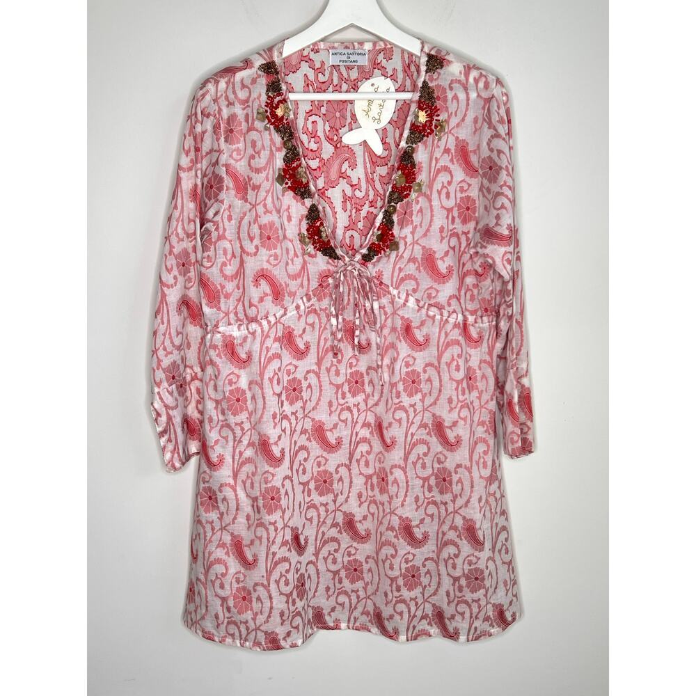 Antica Sartoria Pink Floral Beaded Swim Cover-Up Kaftan | Size M